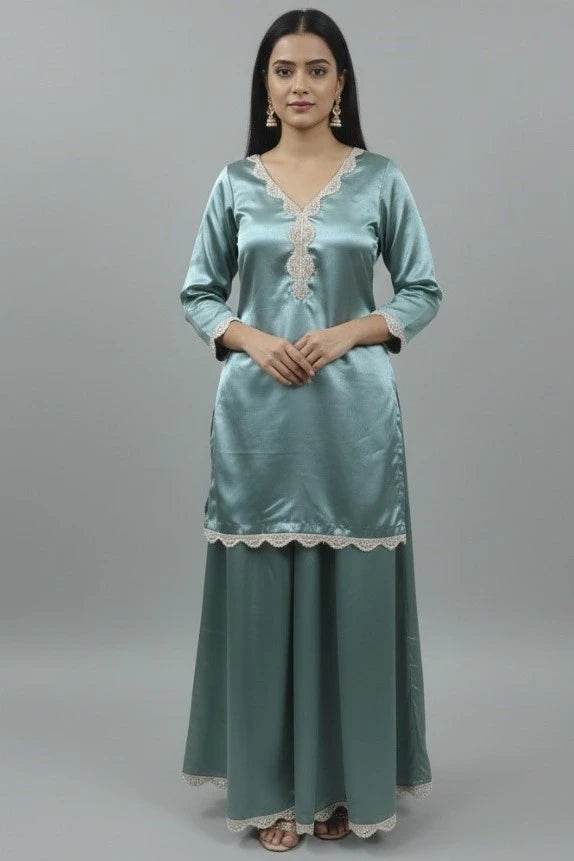 Women’s mint green silk kurta palazzo set featuring elegant women ethnic wear, perfect traditional wear for women, stylish women suit pant set suitable for festive and ethnic occasions, comfortable and graceful women wear outfit.