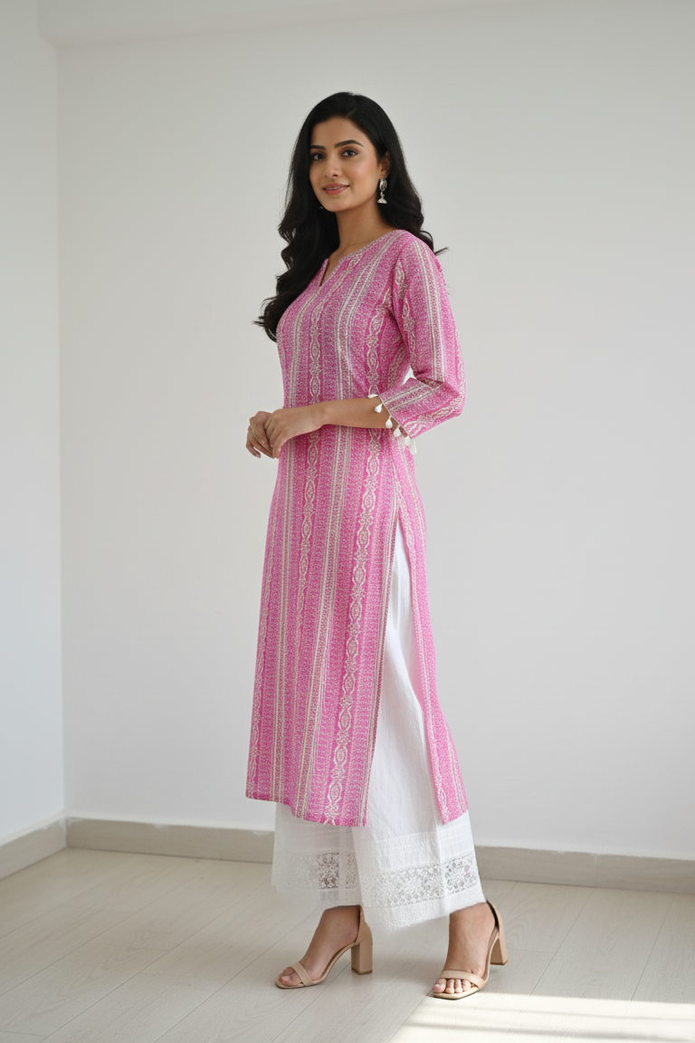 Update your ethnic collection with this trendy pink kurti. Designed with a flattering regular fit and eye-catching prints on the yoke and hem, this kurti for women is ideal for work, college, or casual outings.
