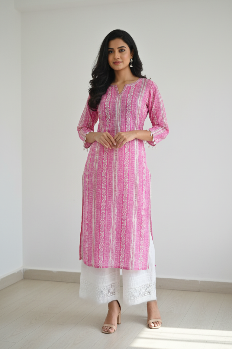 This lovely pink kurti features a delicate white geometric print and a sophisticated split-V neckline. A perfect kurti for women looking for comfortable and stylish daily wear, it includes charming tassel details on the sleeves.