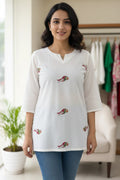 White Embroidered Kurti for Women | Short Kurti with Parrot Motif