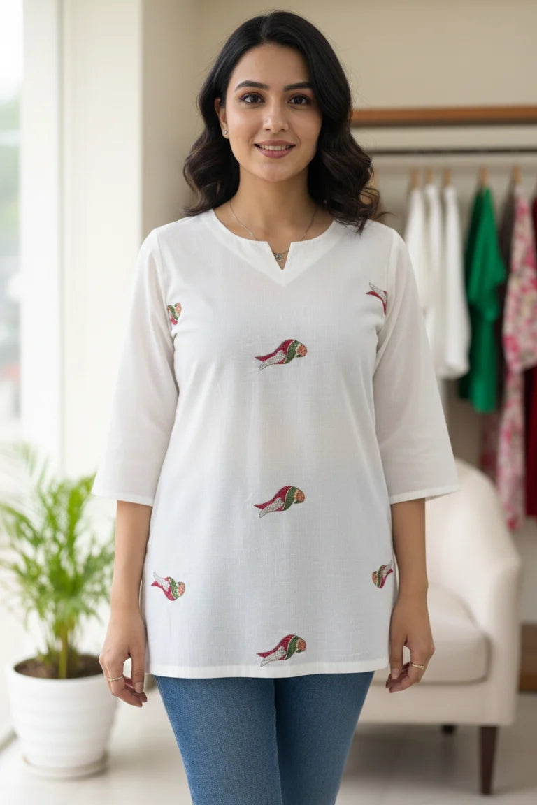 White Embroidered Kurti for Women | Short Kurti with Parrot Motif