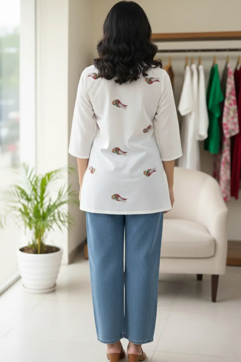 Embroidered Kurti for Women | White Cotton Kurti with Parrot Design