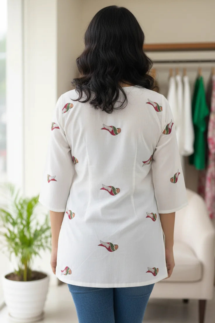Ladies Kurti White | Short Cotton Embroidered Kurti for Women India