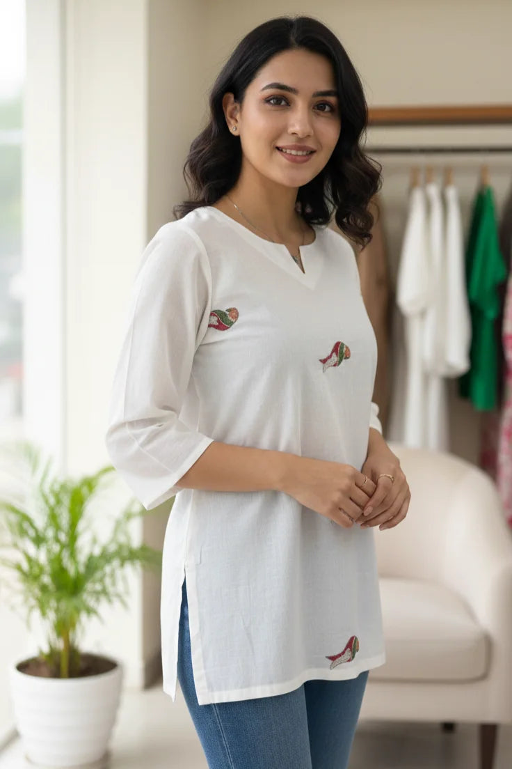 Cotton Kurta for Women | White Short Embroidered Kurti Ladies Wear