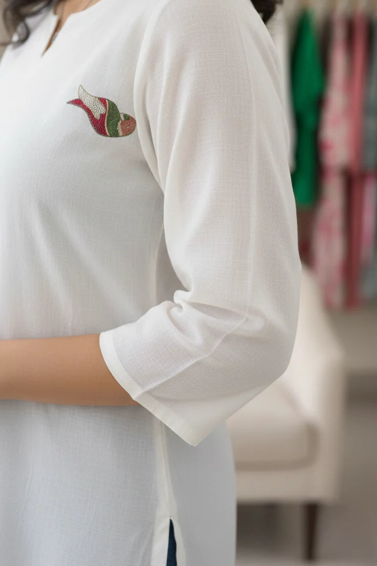 Cotton Kurti for Women | White Embroidered Short Kurti Ladies Ethnic Wear