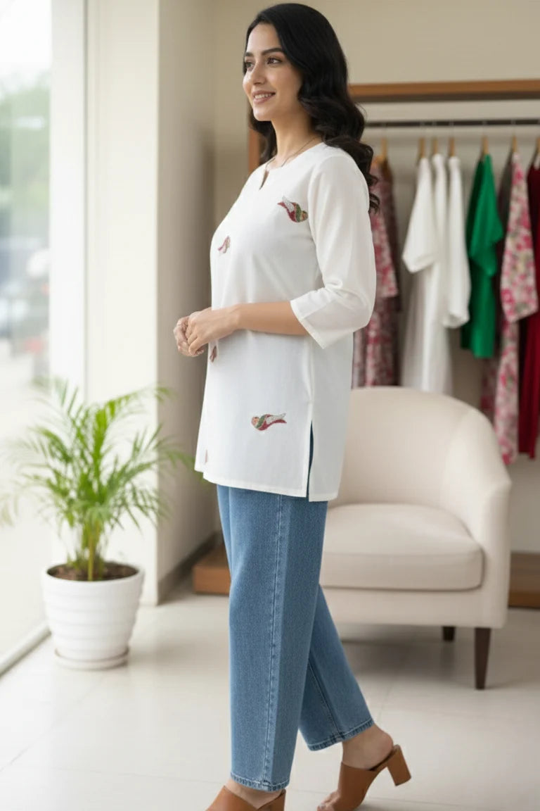 Short Kurti for Women | White Cotton Embroidered Kurti with Jeans
