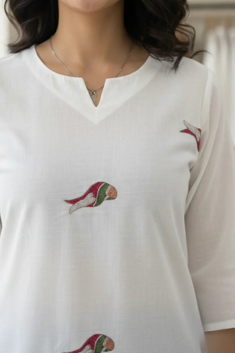White Kurti for Women | Embroidered Cotton Kurti with Parrot Motif