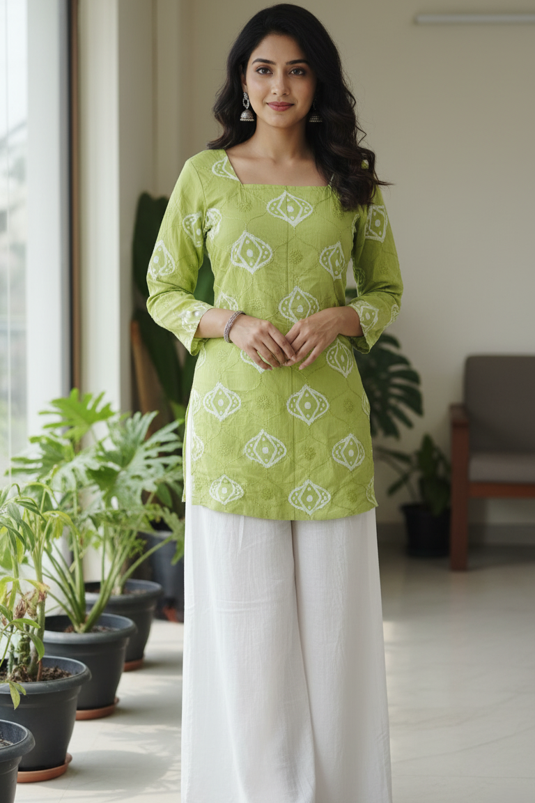 Yellow cotton kurti for women with square neck and short sleeves. Stylish short kurta for women, perfect for daily wear, office wear, and summer fashion.