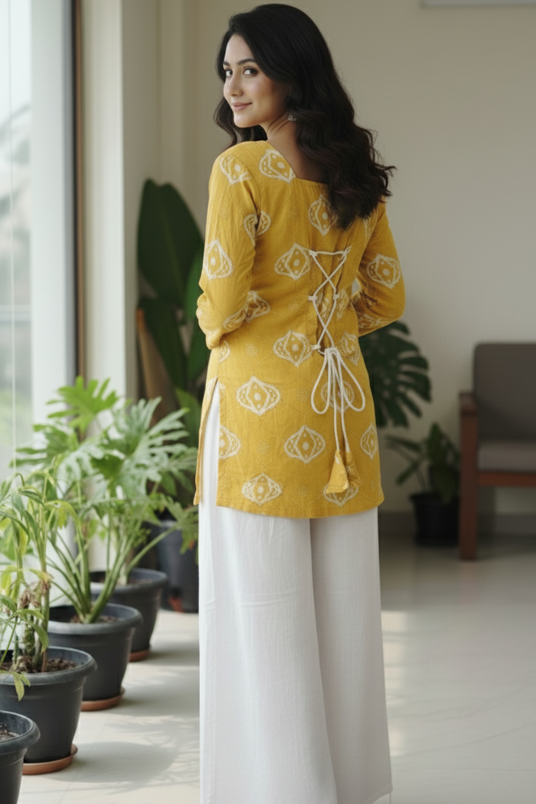 Yellow cotton kurti for women with square neck and short sleeves. Stylish short kurta for women, perfect for daily wear, office wear, and summer fashion.