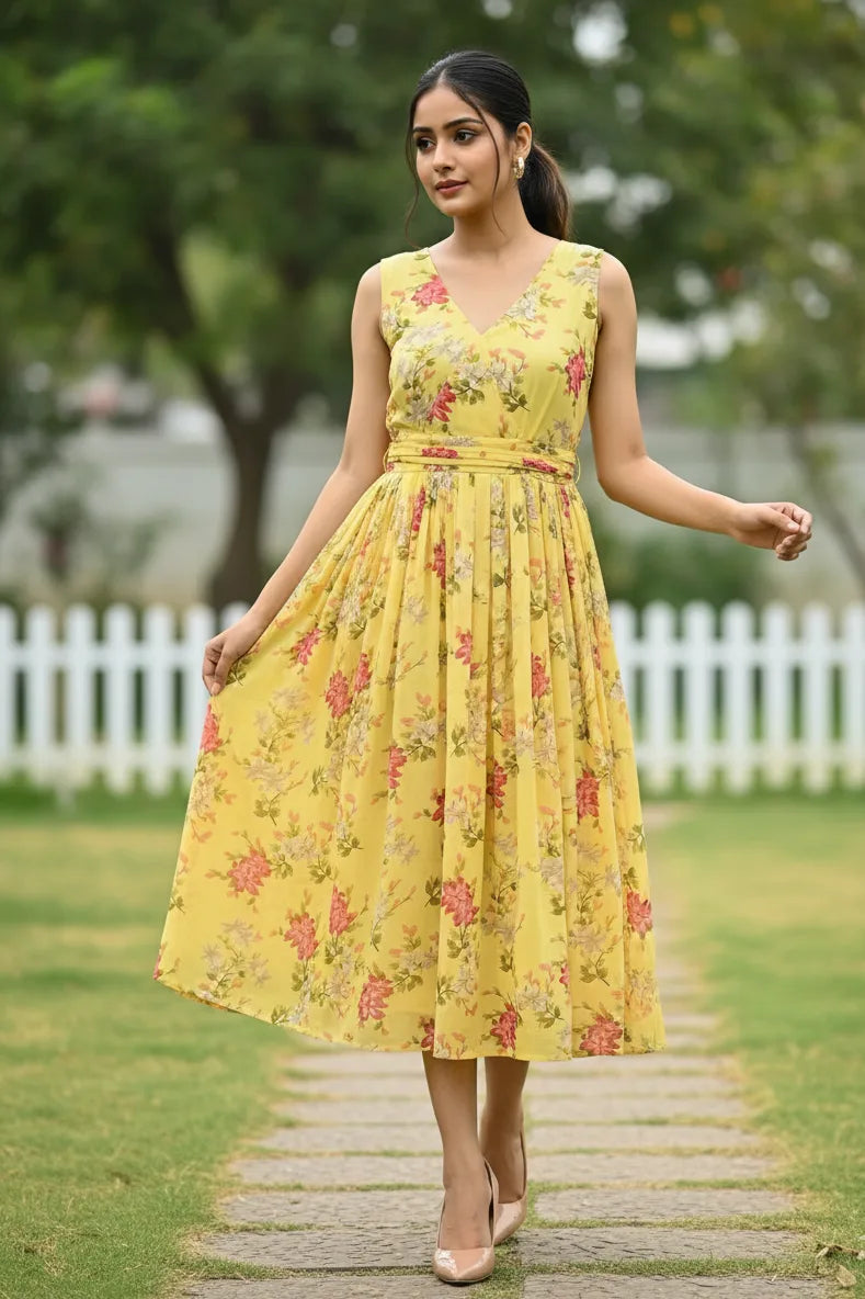 Yellow sleeveless georgette flared dress for women, calf length western party wear outfit