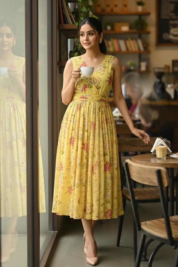 Yellow sleeveless georgette flared dress for women, calf length western party wear outfit