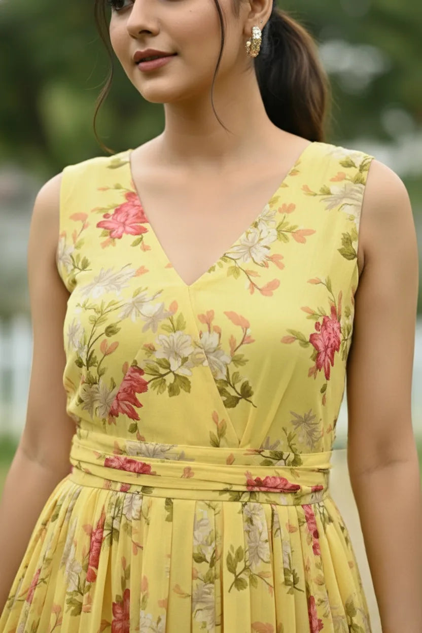 Yellow sleeveless georgette flared dress for women, calf length western party wear outfit