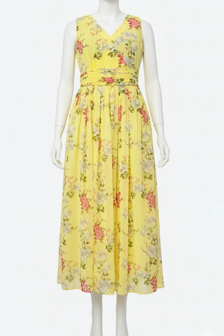 Yellow sleeveless georgette flared dress for women, calf length western party wear outfit