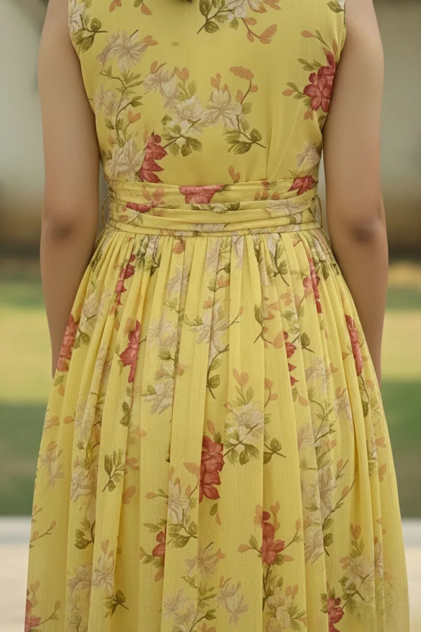 Yellow sleeveless georgette flared dress for women, calf length western party wear outfit