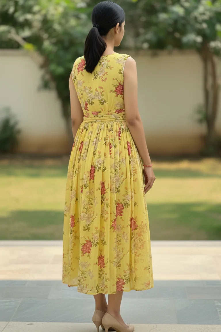 Yellow sleeveless georgette flared dress for women, calf length western party wear outfit