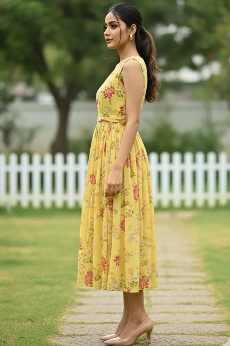 Yellow sleeveless georgette flared dress for women, calf length western party wear outfit