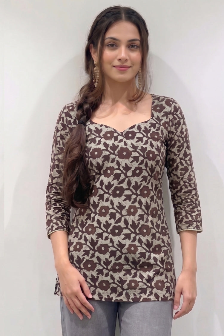 Brown Cotton Short Kurti with Sleeves