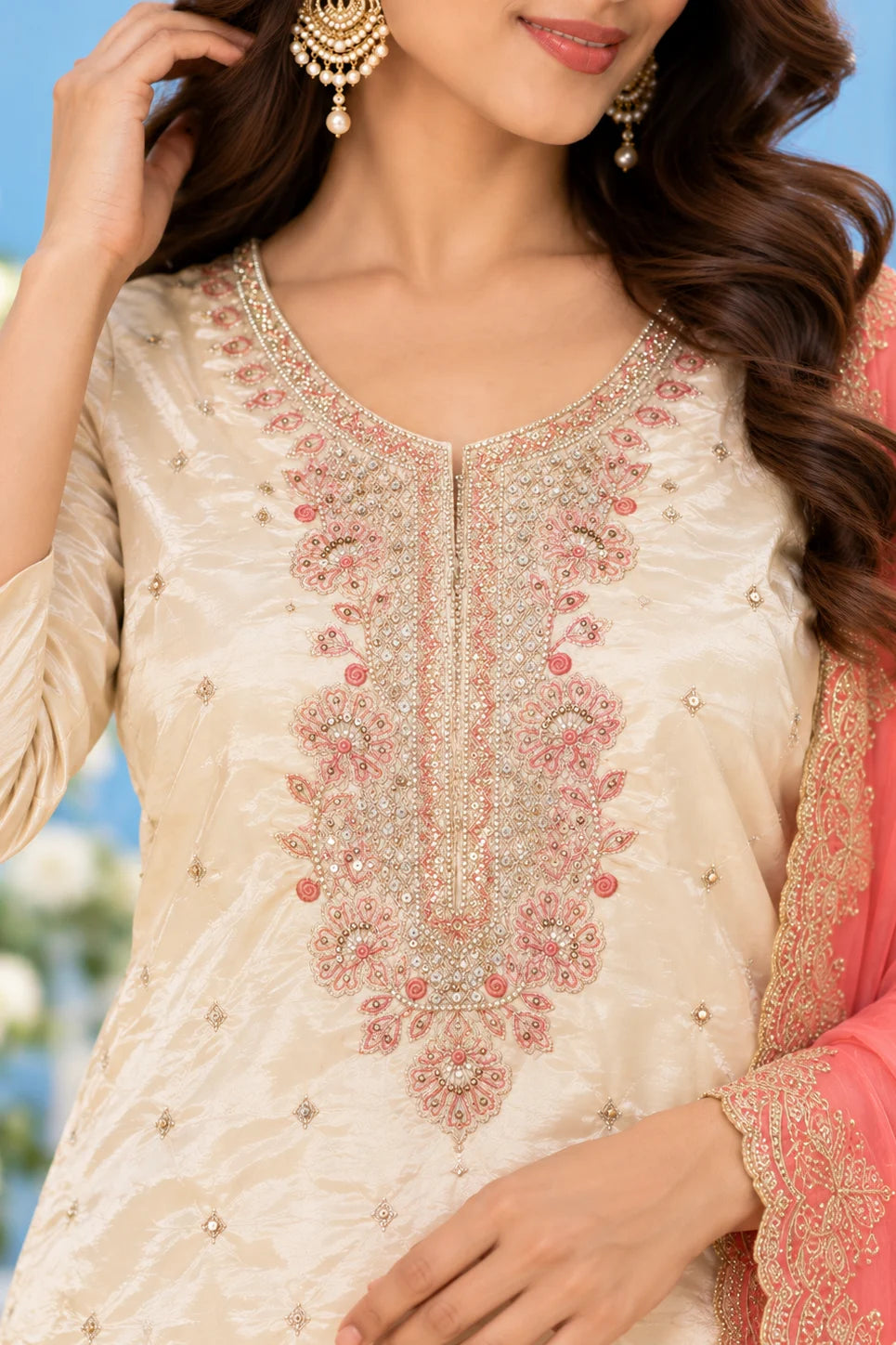 Women Cream & Coral Orange 3-Piece Suit Set | Floral Embroidered Kurta | Palazzo & Dupatta | Festive Ethnic Wear