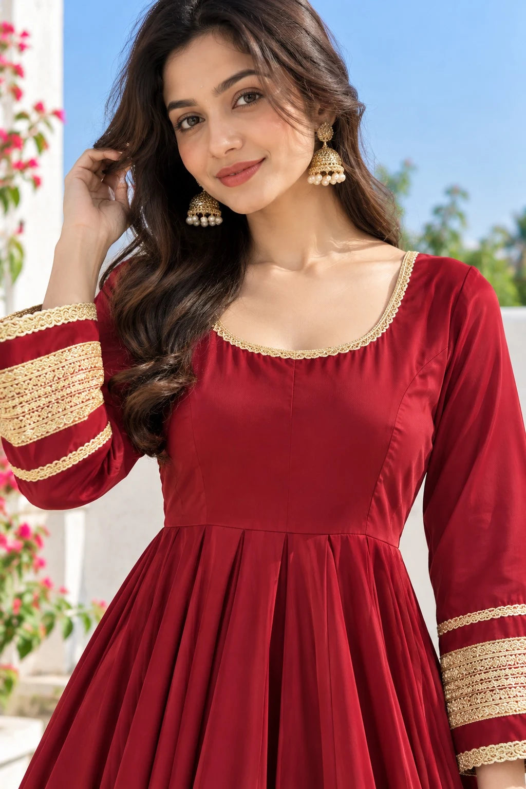 Women Maroon Anarkali Dress | Golden Embroidered Gota Patti Work | Flared Ethnic Festive Wear