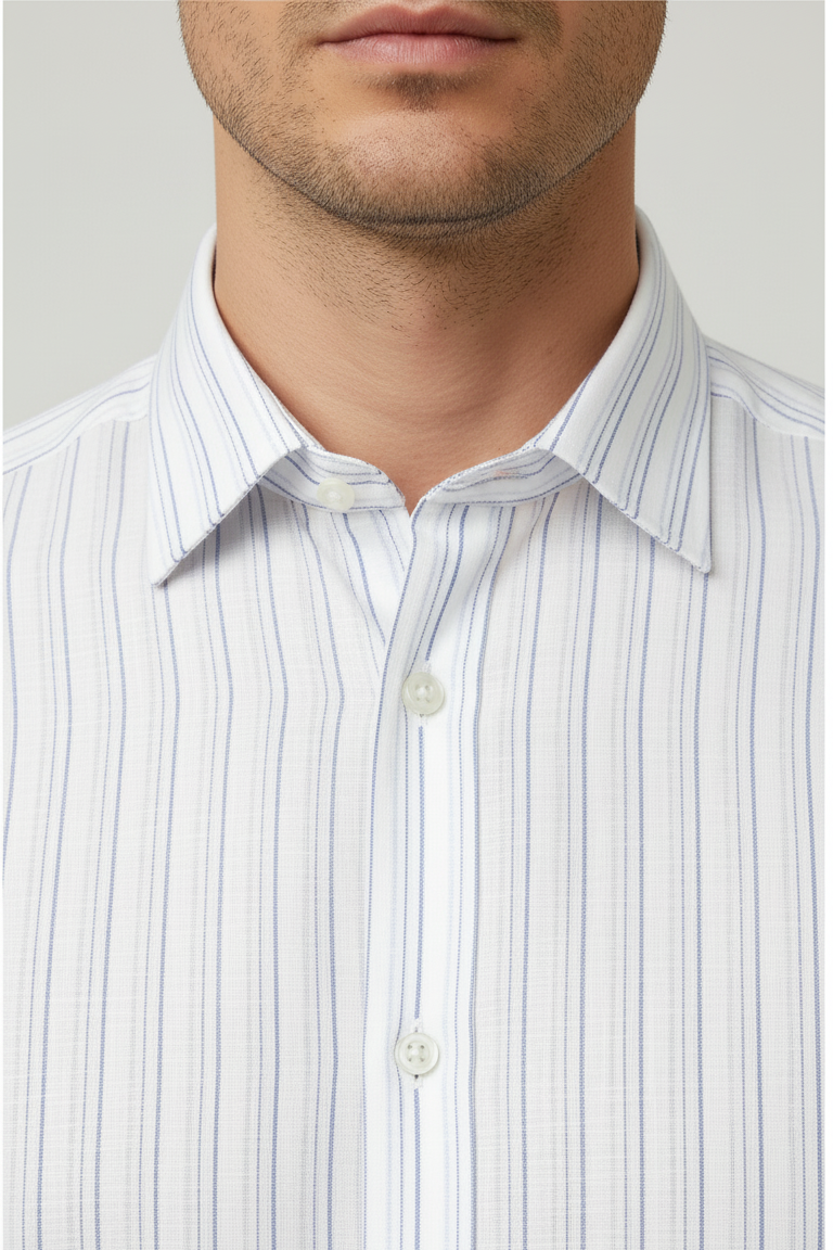 Men's White Blue Striped Linen Shirt