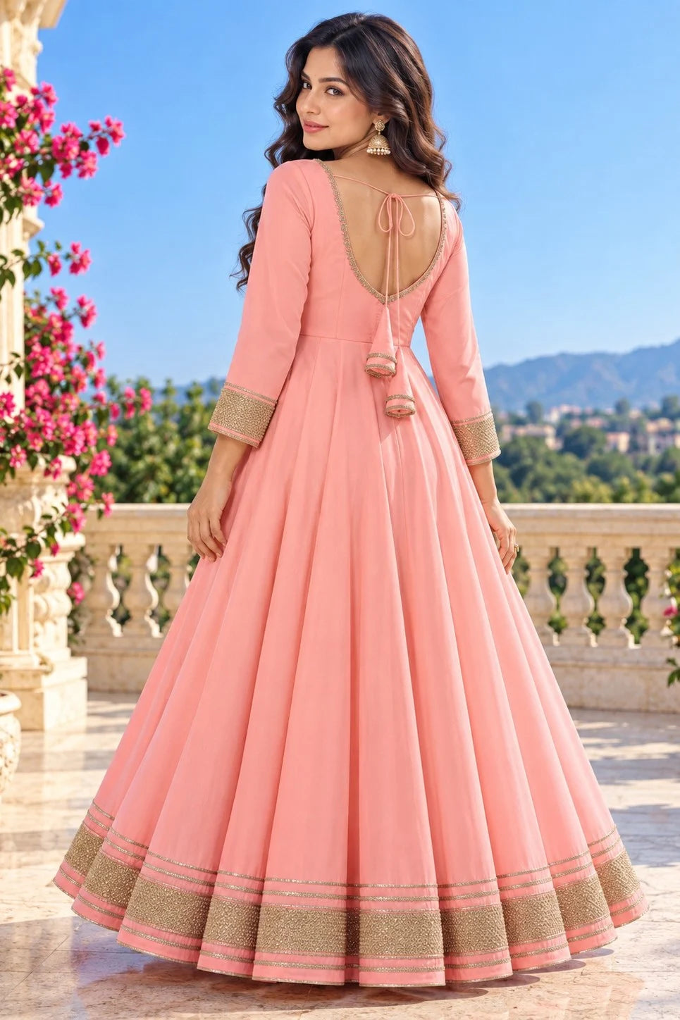 Women’s Pink Anarkali Gown | Flared Floor-Length Anarkali Dress | Embellished Border | Festive & Party Wear