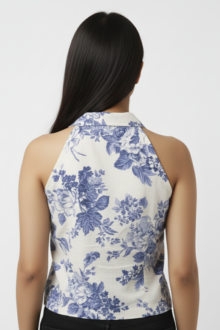 Women’s Sleeveless White Blue Floral Collar Crop Shirt