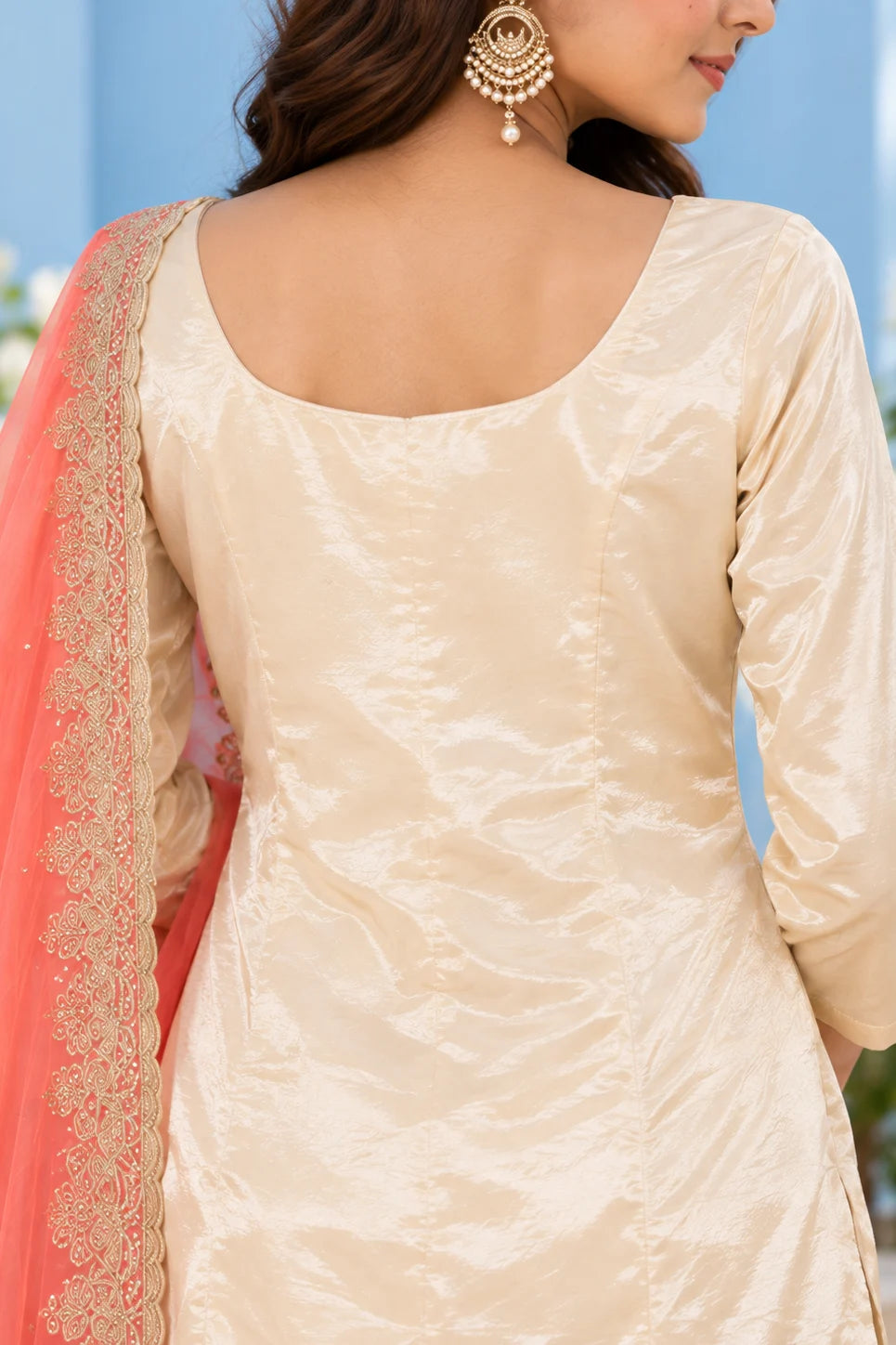 Women Cream & Coral Orange 3-Piece Suit Set | Floral Embroidered Kurta | Palazzo & Dupatta | Festive Ethnic Wear