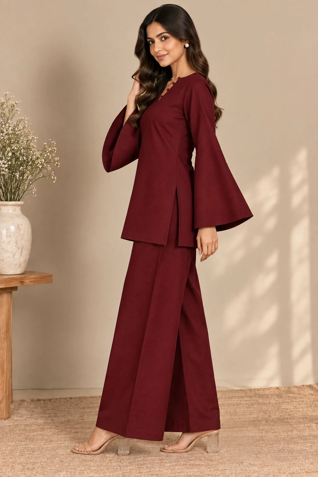 Women’s Maroon Co-Ord Set | V-Neck Bell Sleeve Top | Wide-Leg Pants | Stylish Ethnic Wear