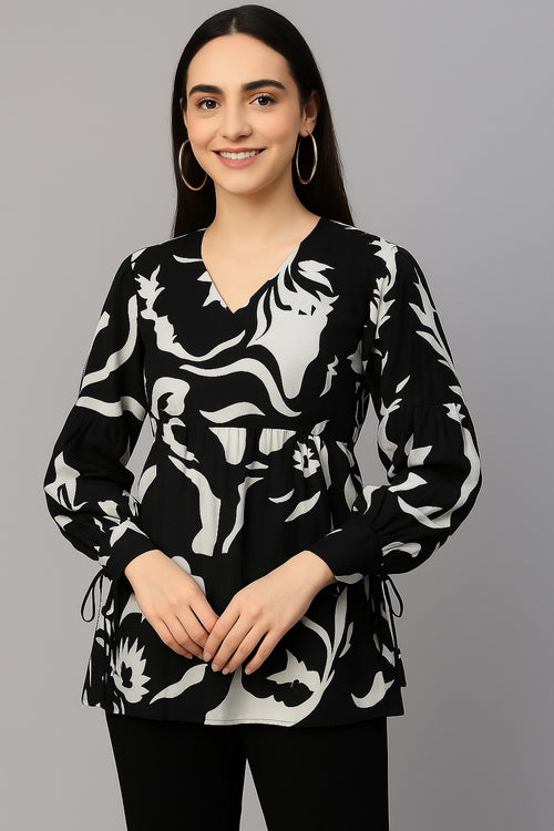 Abstract Print V-Neck Top with Balloon Sleeves