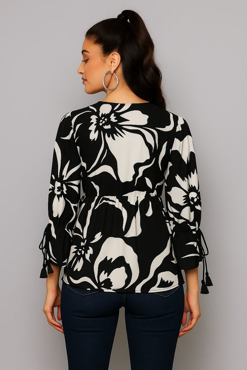 Abstract Print V-Neck Top with Balloon Sleeves