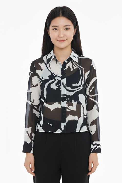 Black White Floral Georgette Normal Fit Shirt