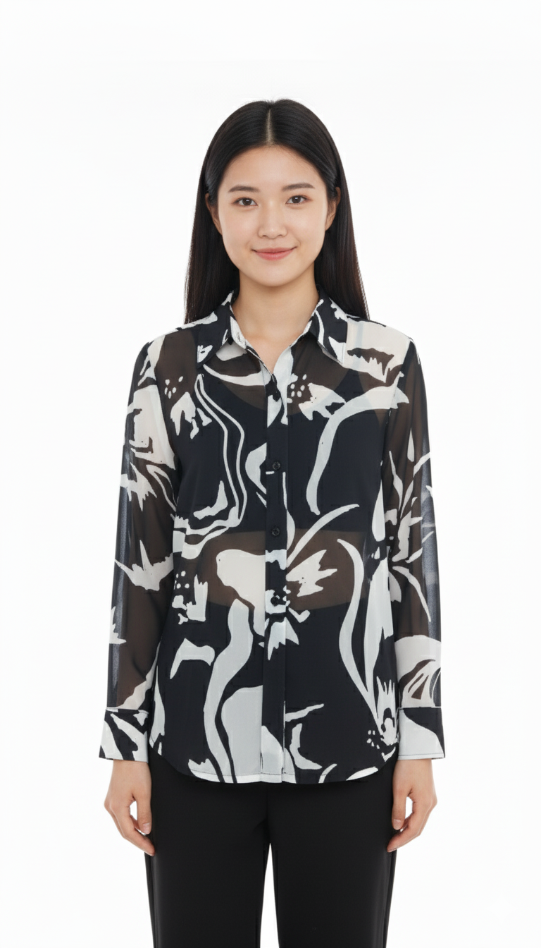 Black White Floral Georgette Normal Fit Shirt