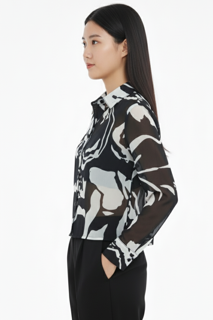 Black White Floral Georgette Normal Fit Shirt