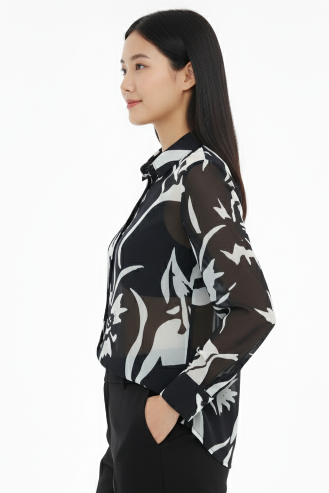 Black White Floral Georgette Normal Fit Shirt