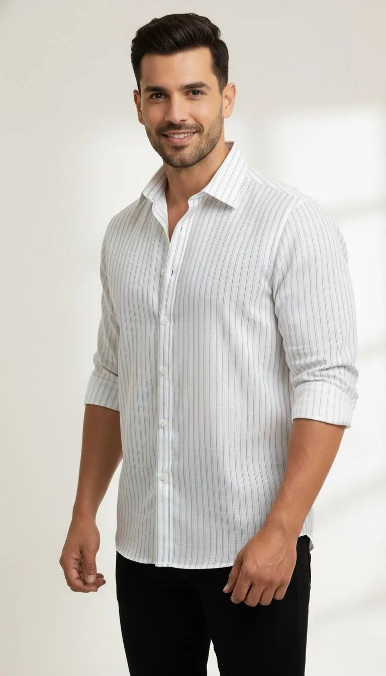 White Striped Pure Linen Shirt for Men