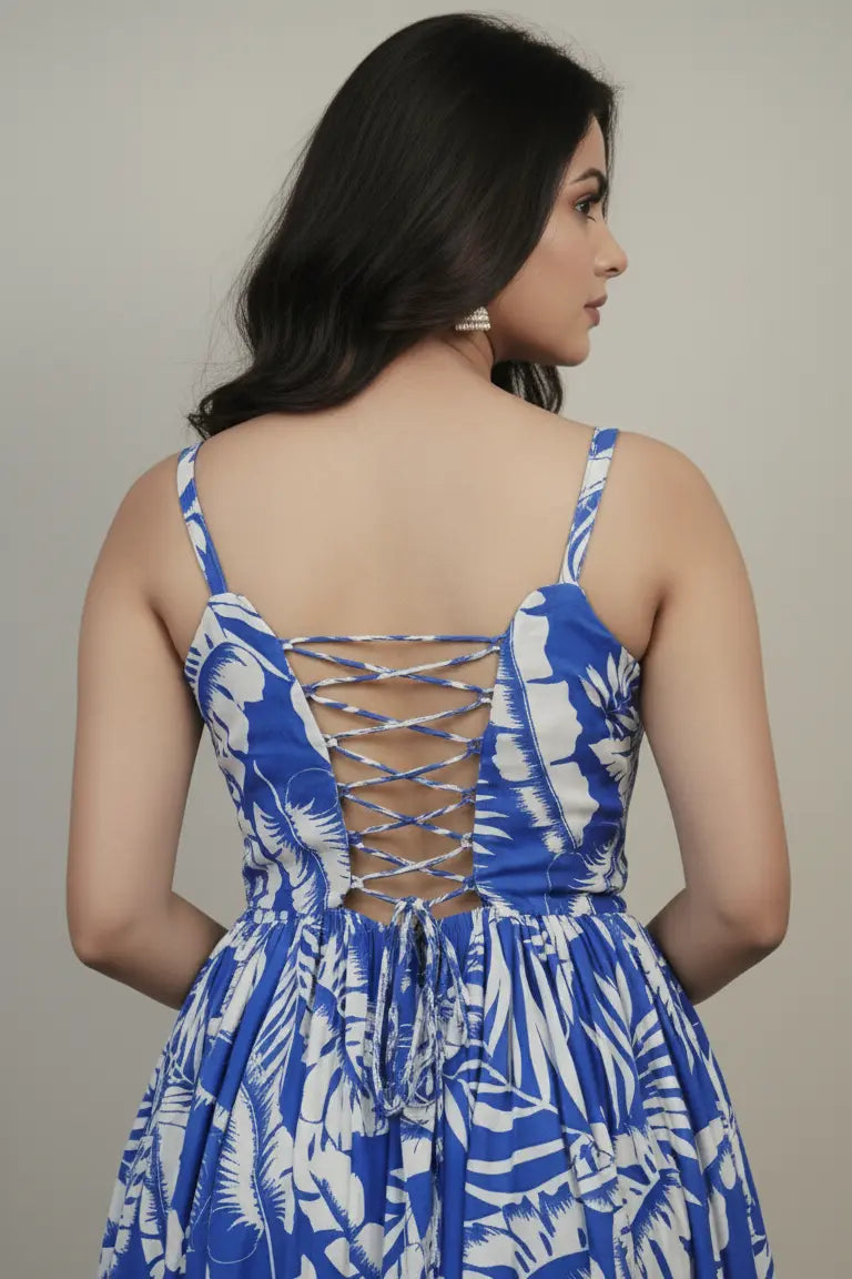 Stylish blue floral printed maxi dress for women featuring a long length, sleeveless design, and scoop neck. Perfect for casual wear, summer outings, and comfortable everyday fashion.