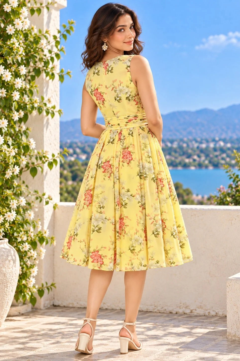Yellow Floral Printed Midi Dress for Women