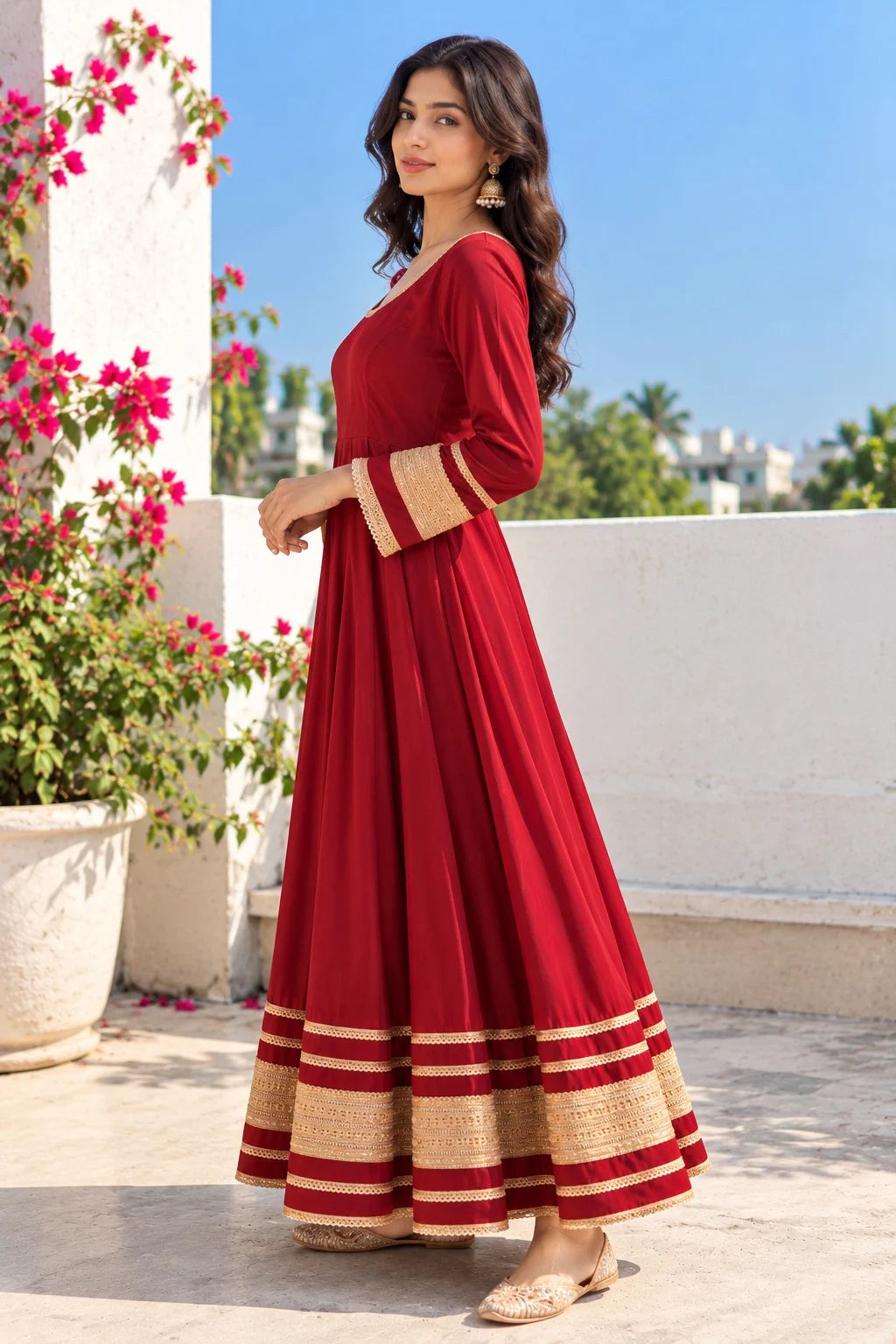 Women Maroon Anarkali Dress | Golden Embroidered Gota Patti Work | Flared Ethnic Festive Wear