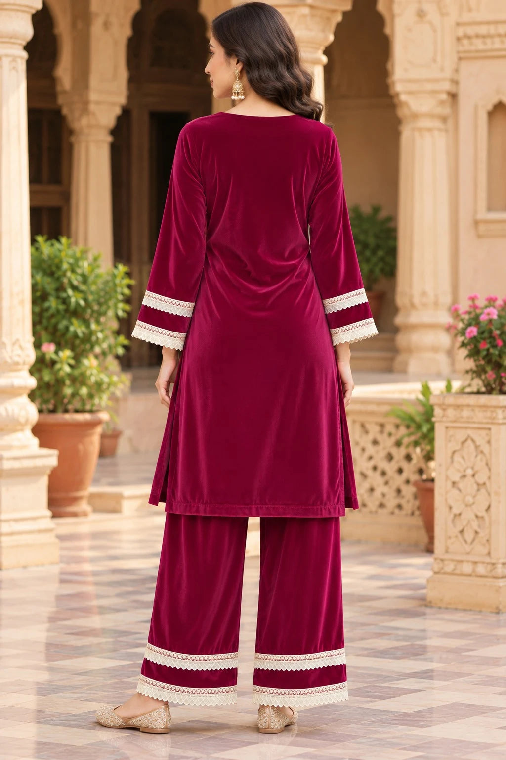 Kurta Palazzo Set with Lace Detailing For Women