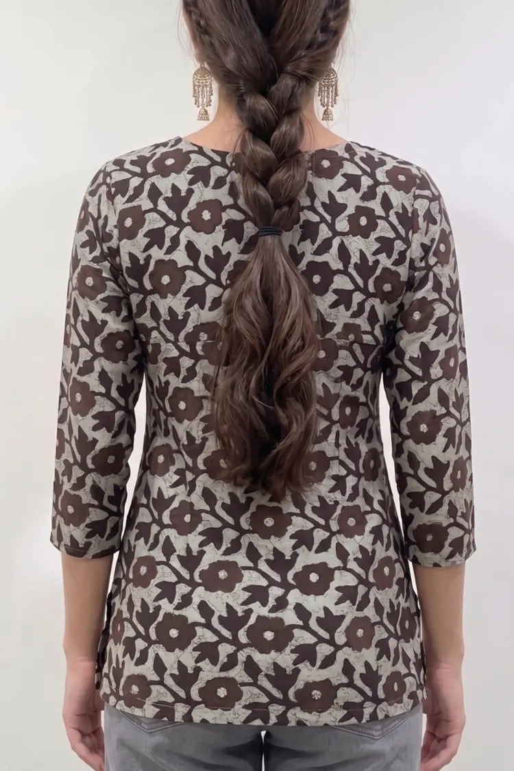 Brown Cotton Short Kurti with Sleeves