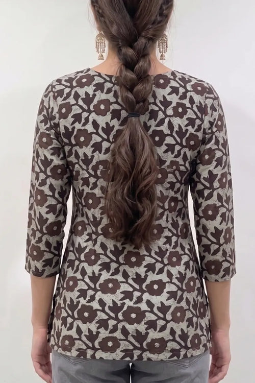 Brown Cotton Short Kurti with Sleeves