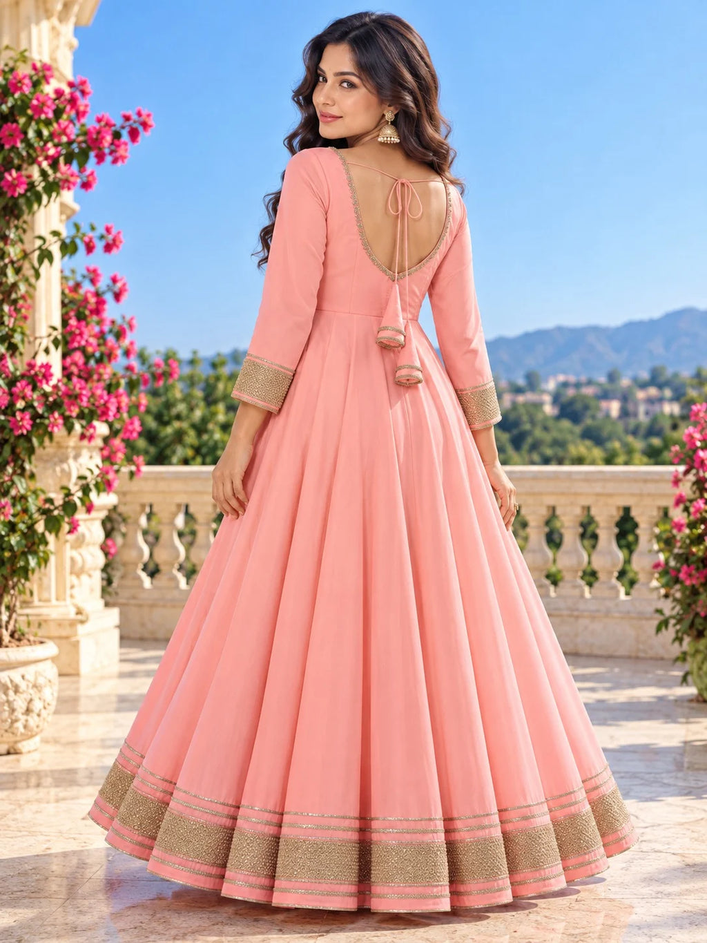 Women’s Pink Anarkali Gown | Flared Floor-Length Anarkali Dress | Embellished Border | Festive & Party Wear