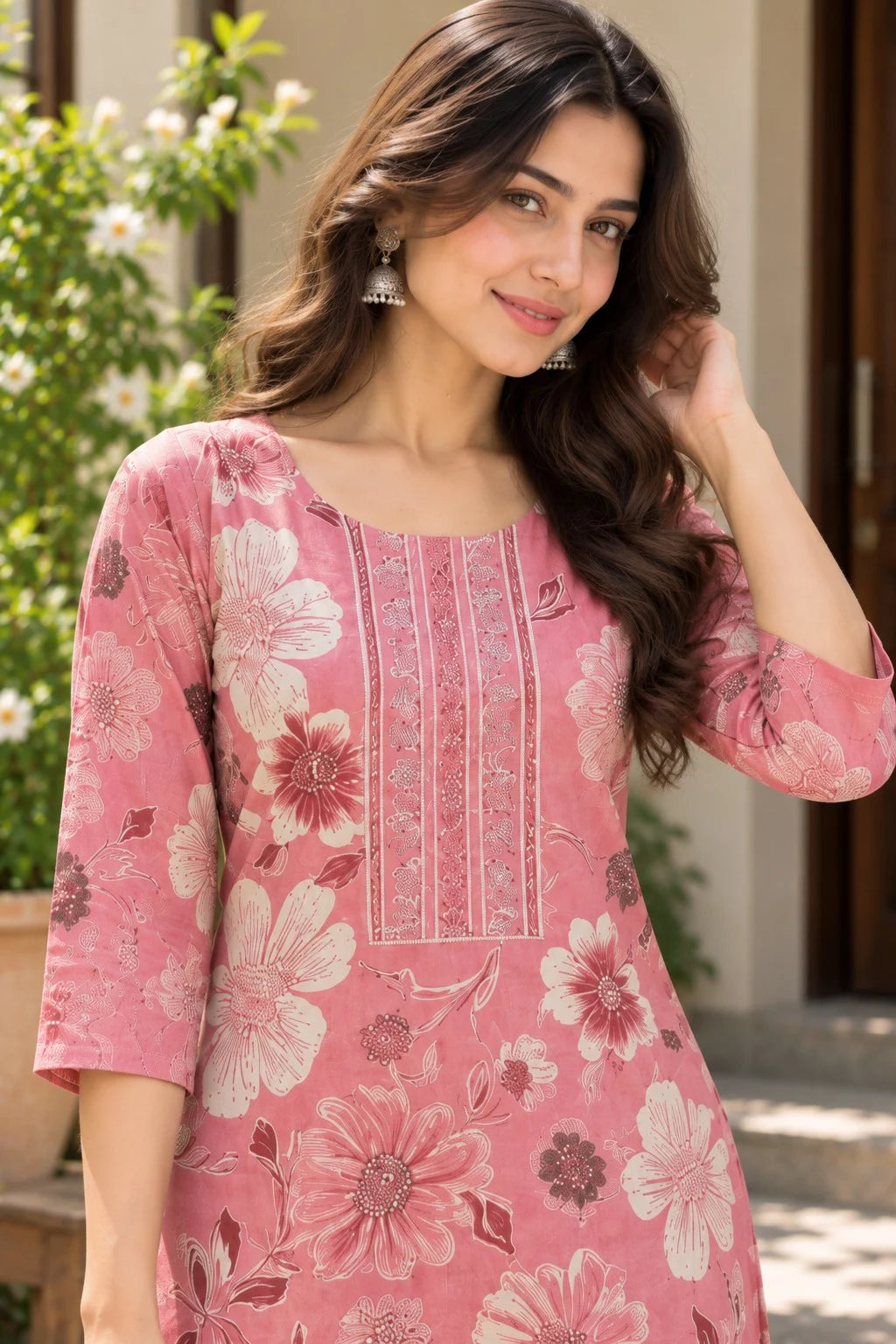 Dusty Rose Floral Printed Kurta Set with Dupatta for Women