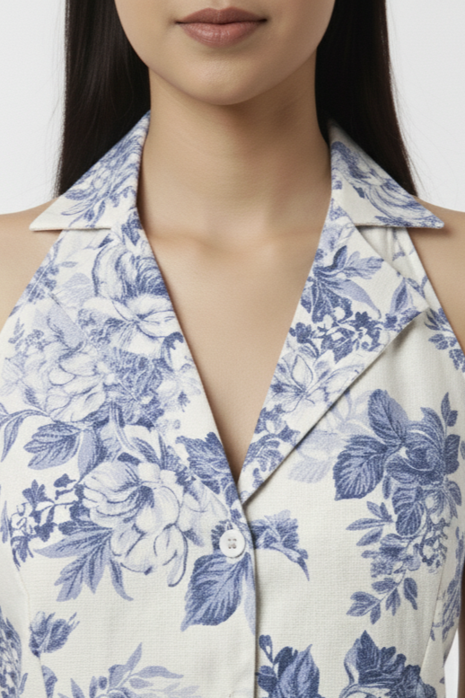 Women’s Sleeveless White Blue Floral Collar Crop Shirt