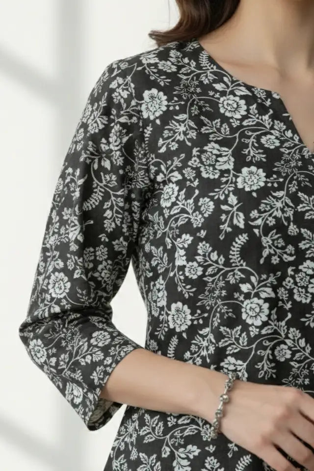 Black 3/4 sleeves cotton short kurti for women, indo western kurti, black floral print top, stylish short kurti for jeans