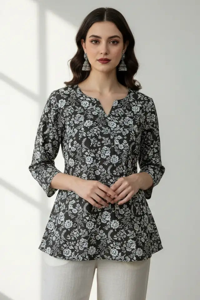 Black 3/4 sleeves cotton short kurti for women, indo western kurti, black floral print top, stylish short kurti for jeans