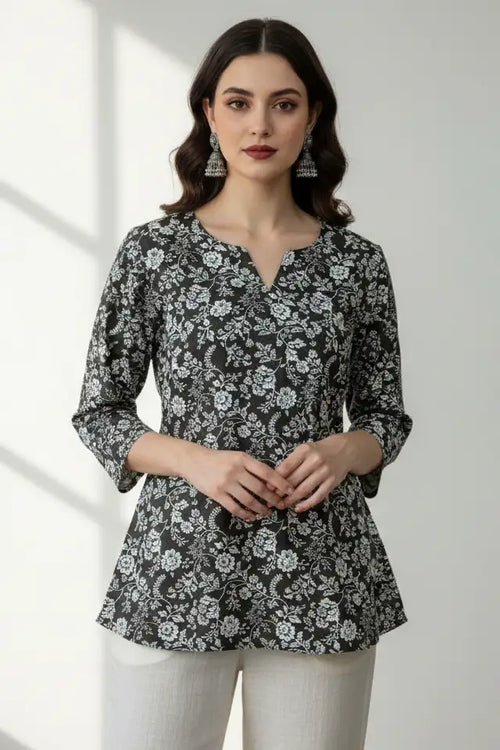 Black 3/4 sleeves cotton short kurti for women, indo western kurti, black floral print top, stylish short kurti for jeans