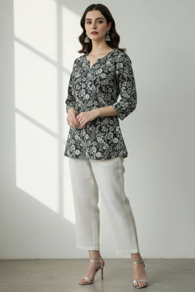 Black 3/4 sleeves cotton short kurti for women, indo western kurti, black floral print top, stylish short kurti for jeans