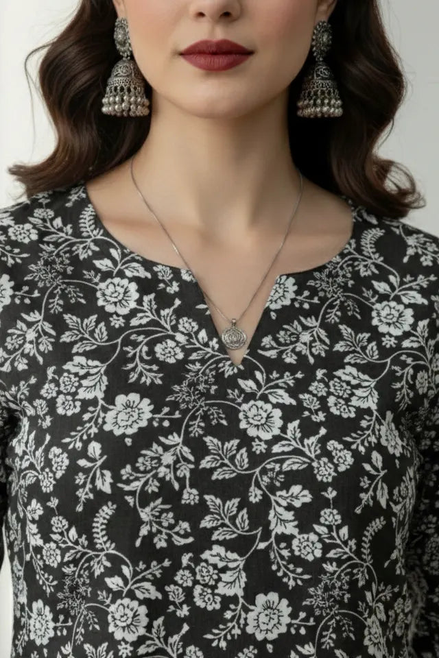Black 3/4 sleeves cotton short kurti for women, indo western kurti, black floral print top, stylish short kurti for jeans