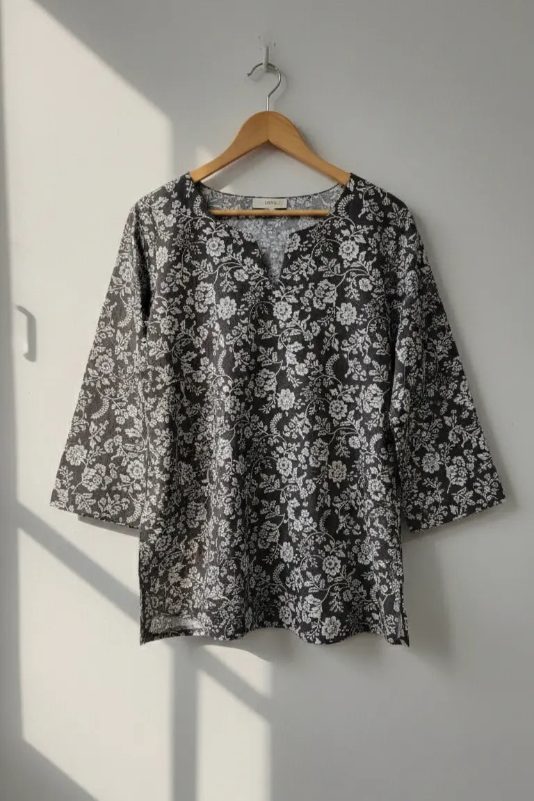 Black 3/4 sleeves cotton short kurti for women, indo western kurti, black floral print top, stylish short kurti for jeans